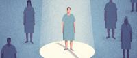 Illustration of a patient standing in a spotlight, surrounded by other patients in the background.